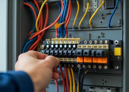 新しい電気配電盤を設置する電気技師